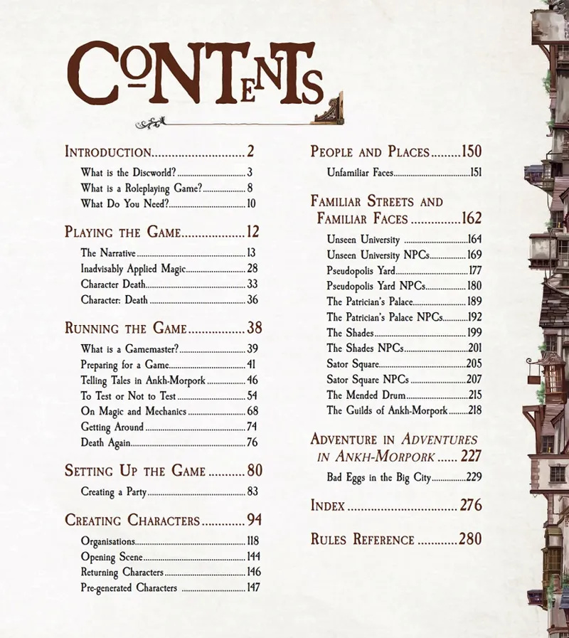 Contents page with sections like Introduction, Playing the Game, and People and Places, with a tall building illustration.
