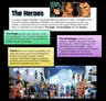 Group of superheroes in colorful costumes standing together in a futuristic setting.
