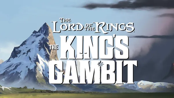 The image features the title "The Lord of the Rings: The King's Gambit" prominently displayed against a backdrop of a majestic mountain landscape. The mountain, with its snow-capped peak, is set against a clear blue sky, creating a sense of adventure and grandeur. The title is styled in bold, white letters, emphasizing the epic nature of the game.