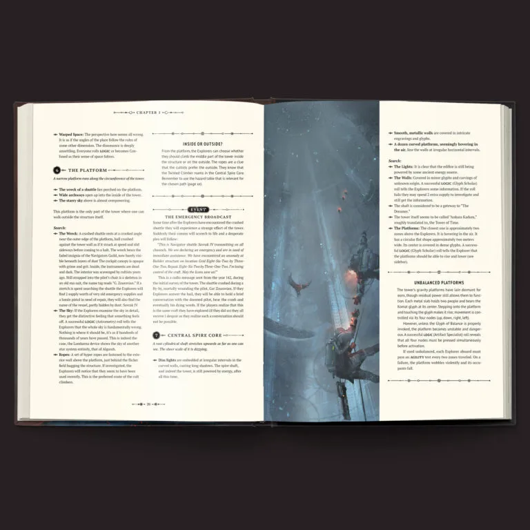 An open book displays a page from "Coriolis: The Great Dark," featuring a detailed layout of a chapter with text and illustrations. The left page contains sections titled "The Platform," "The Emergency Broadcast," and "Central Spire Core," with descriptions and event prompts for gameplay. The right page features a striking illustration of a futuristic, icy environment with figures navigating a complex structure, surrounded by floating debris and a dark, atmospheric backdrop.