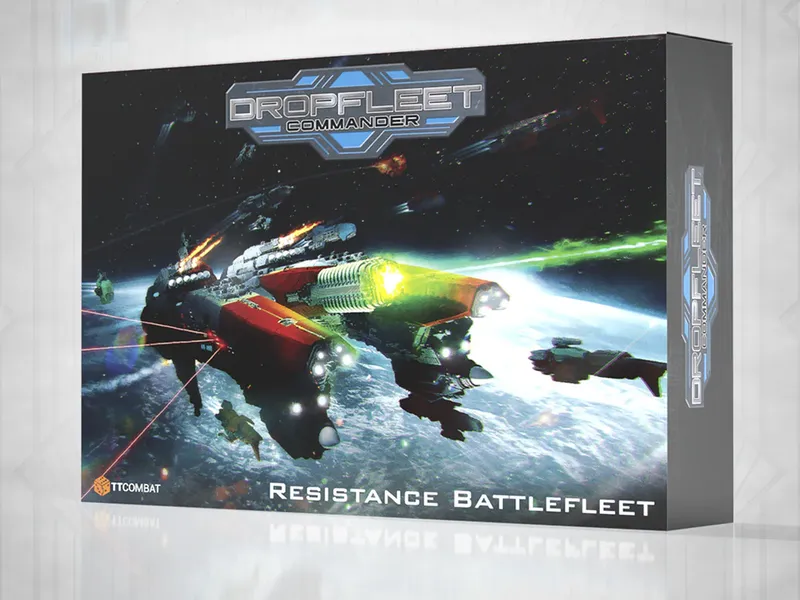 A dynamic box cover for the "Resistance Battlefleet" from Dropfleet Commander features a large, intricately designed spaceship in the foreground, showcasing a mix of red and metallic colors with glowing green elements. The ship is depicted amidst a backdrop of space, with smaller vessels and laser-like beams emanating from it, suggesting an active battle scene. The title "DROPFLEET COMMANDER" is prominently displayed at the top, along with the TTCombat logo in the bottom corner.