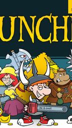 A colorful illustration features a group of whimsical characters from the game "Munchkin." In the foreground, a boy in a horned helmet wields a chainsaw labeled "ORC-B-GONE," while a girl in a yellow dress and a character resembling a bear hold various weapons. Behind them, a pile of gold coins and treasure glimmers, with additional characters and weapons scattered throughout the scene, all set against a dark background with the title "MUNCHKIN" prominently displayed at the top.