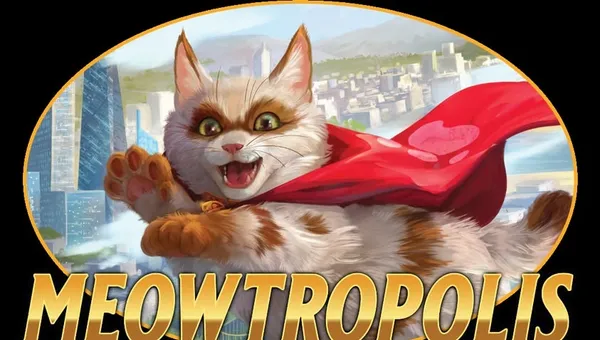 A playful, animated cat with a fluffy coat and large, expressive eyes is depicted wearing a bright red superhero cape, mid-leap against a backdrop of a bustling city skyline. The cat's joyful expression suggests excitement and determination, embodying the spirit of a superhero. Below the cat, the word "MEOWTROPOLIS!" is prominently displayed in bold, golden letters, emphasizing the vibrant theme of the setting.