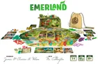 A vibrant game board for the Everdell Emerland expansion features lush jungles and ancient ruins, with various paths and locations illustrated across the surface. Surrounding the board are colorful meeples representing different creatures, alongside a deck of double-sided cards and various tokens. A drawstring bag is also visible, and the title "EMERLAND" is prominently displayed at the top, emphasizing the theme of exploration and adventure.