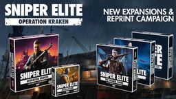 A promotional image features two game boxes for the Sniper Elite tabletop game. The larger box on the left is titled "Sniper Elite: Operation Kraken," showcasing a character holding a rifle against a backdrop of a war-torn setting. The smaller box on the right is labeled "Sniper Elite: Escalation," depicting a different character with a firearm. The background includes industrial elements, suggesting a gritty atmosphere, with rain adding to the dramatic effect.