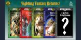 The image features five classic Fighting Fantasy adventure books lined up in a row, each with distinct cover art. From left to right, the titles are: "The Forest of Doom," "The Citadel of Chaos," "City of Thieves," "Deathtrap Dungeon," and "The Warlock of Firetop Mountain," which is marked with a question mark, indicating its cover is yet to be revealed. The covers showcase vibrant illustrations, with themes of fantasy and adventure, and the text prominently displays the titles and authors, Steve Jackson and Ian Livingstone. The background is a dark color, enhancing the visibility of the book covers and the bold title "Fighting Fantasy Returns!" at the top.