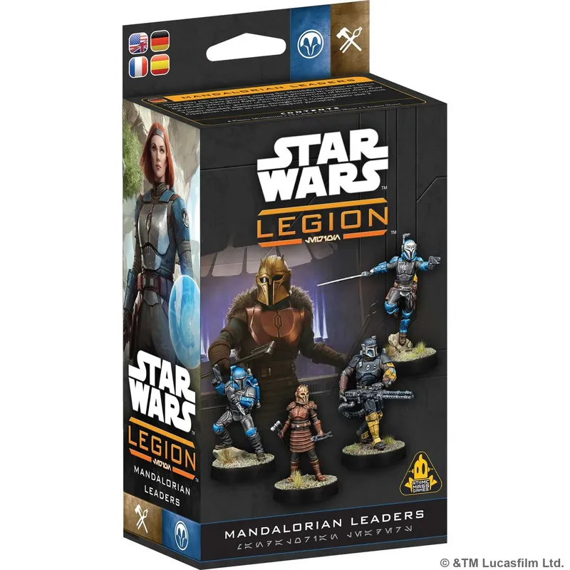 A box for the "Mandalorian Leaders" set from the Star Wars: Legion miniatures game features a vibrant design with the Star Wars logo prominently displayed. The box showcases four miniatures: two armored Mandalorian figures, one in a brown and gold outfit and another in blue armor, alongside two additional characters in distinct outfits. The background includes a stylized interior setting, enhancing the thematic presentation of the Mandalorian universe.