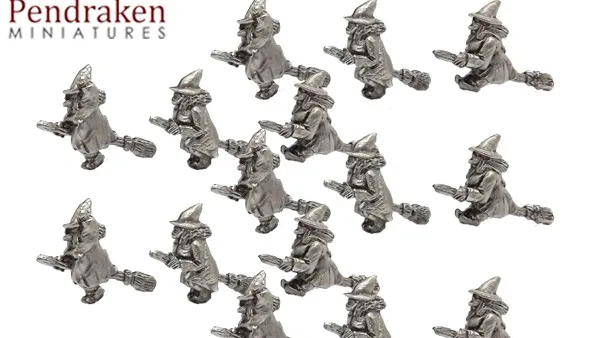 Sixteen metallic miniature witch figures flying on broomsticks in three distinct poses. Text at top reads "Pendraken Miniatures" and "Warband." Bottom text reads "FAN-MON41 - Witches, flying."
