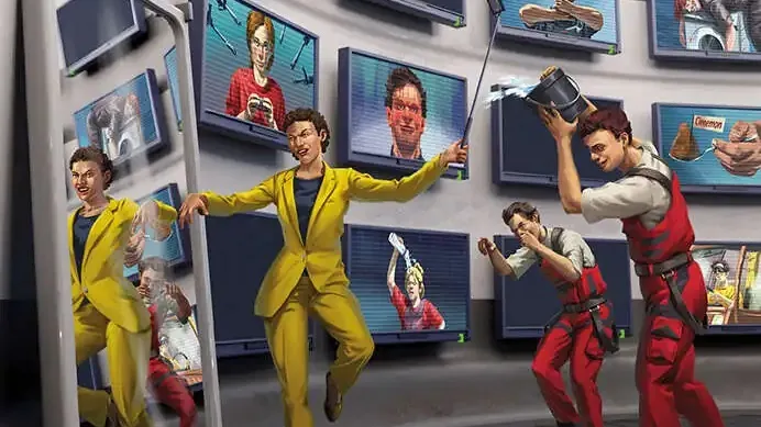 PARANOIA ALGORITHMIC LOYALTY, people in yellow and red suits, screens with faces, selfie stick.