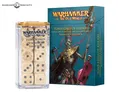 A clear plastic container holding 16 beige polyhedral dice with black pips, labeled "Warhammer: The Old World Tomb Kings of Khemri Dice Set." Beside it, a book cover titled "Warhammer: The Old World Tomb Kings of Khemri" with subtitle "Ravening Hordes & Arcane Journals Reference Card Pack."