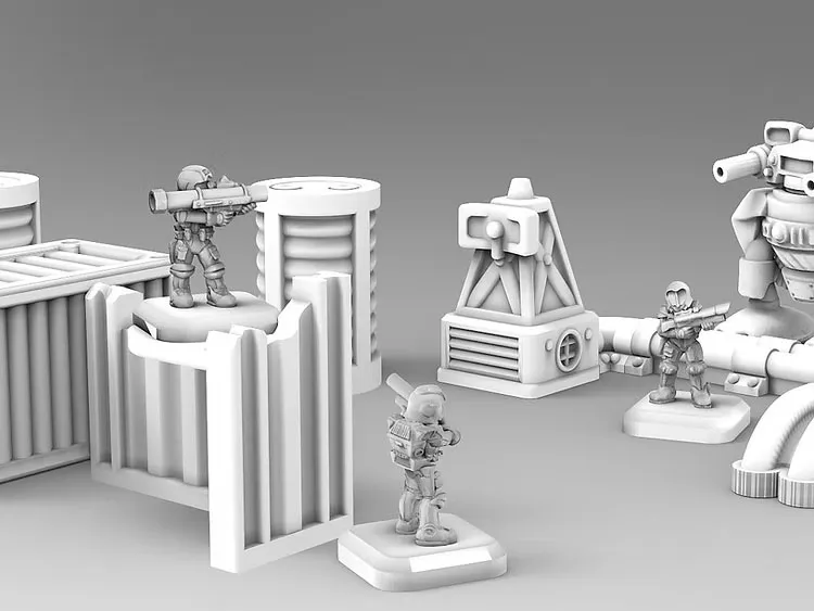 A collection of 8mm scale miniatures and terrain pieces from the Space Denizens expansion titled "Mecha." The scene includes two infantry figures, one aiming a weapon, and a larger mech figure, all rendered in a white material. Surrounding them are various terrain features such as cylindrical silos, crates, and a small building, all designed to enhance gameplay in the wargame.