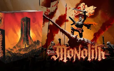 Armored figure on a skull, holding a flag with text "The Monolith" below.
