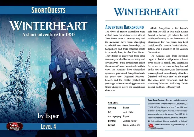 A cover for the "Winterheart" adventure from the ShortQuests series features a striking illustration of a tall, dark castle set against a blue sky, with a prominent tree symbolizing ancestry in the foreground. The title "WINTERHEART" is displayed prominently at the top, along with the subtitle "A short adventure for D&D." The right side includes a brief adventure background, credits, and details about the adventure's level, emphasizing its compatibility with Dungeons & Dragons 5th Edition.