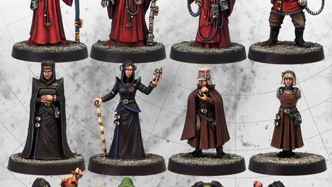 12 painted sci-fi miniatures in 3 rows, various robes and weapons.