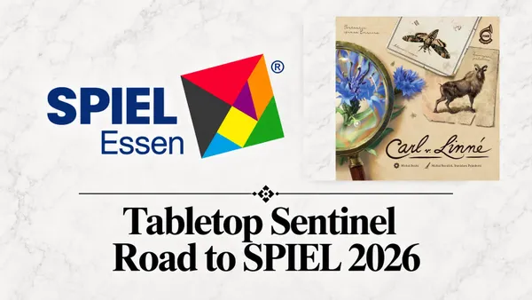 A colorful geometric logo with the text "SPIEL" and "Passen" in blue. Below, the words "Tabletop Sentinel Road to SPIEL 2026" in black. To the right, a book cover showing a magnifying glass over blue flowers, with the text "Carl" and "Michal Peichl" visible.