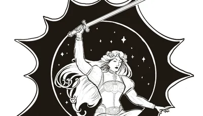 A dynamic black and white illustration features a heroic female figure wielding a sword, poised in an action stance. She has long flowing hair and is adorned in a detailed outfit, with intricate designs visible on her sleeves and waist. The background includes a circular motif filled with stars, surrounded by a jagged, starburst-like outline, enhancing the sense of movement and energy in the scene.