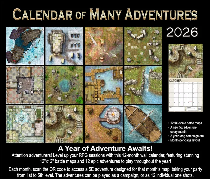 A visually striking calendar titled "Calendar of Many Adventures 2026" features a grid layout showcasing twelve 12"x12" battle maps, each representing different fantasy settings suitable for tabletop RPGs. The maps include a variety of environments such as a ship, a forest, and a river, with intricate details that highlight Loke Battle Mats' signature quality. The bottom section includes promotional text emphasizing the calendar's features, including a new 5E adventure each month and a month-per-page layout for October, along with a QR code for accessing the adventures.