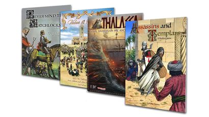 A collection of four wargaming rule booklets is displayed, showcasing their colorful covers. From left to right, the titles include "Never Mind the Matchlocks," featuring a knight and soldiers, "Valour & Fortitude," depicting a large battle scene, "Thalassa," illustrating an ancient naval battle with a ship, and "Assassins and Templars," which features characters in a historical setting. Each booklet is designed to cater to different gaming themes, from the English Civil War to Napoleonic battles and ancient naval warfare.
