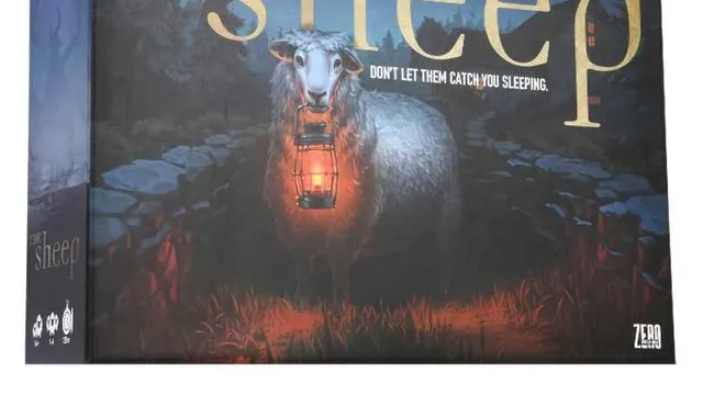A board game box titled "The Sheep" features a menacing sheep holding a lantern, set against a dark, eerie forest backdrop. The title is prominently displayed in gold lettering, with the tagline "DON'T LET THEM CATCH YOU SLEEPING" beneath it. The overall color scheme is dark, with shades of blue and green, enhancing the horror-comedy theme of the game.