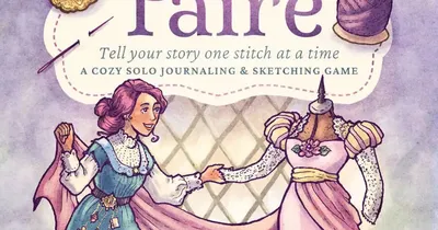 Stitchery Faire, Tell your story one stitch at a time, thimble, spool, woman sewing a dress.