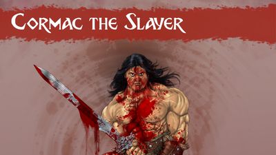 The image features a muscular barbarian character named Cormac the Slayer, standing triumphantly over a pile of defeated foes. He wields a large, bloodied sword, and his body is splattered with red, suggesting a recent battle. Cormac has long, dark hair and a fierce expression, embodying a classic fantasy warrior aesthetic. The background is a muted gradient, enhancing the focus on the character, while the title "Cormac the Slayer" is prominently displayed at the top in bold, stylized lettering. The overall artwork pays homage to the golden age of fantasy illustration, capturing a sense of violence and heroism.