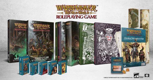 A collection of Warhammer: The Old World roleplaying game products is displayed, featuring several books and accessories. Prominently shown are the core rulebook, a player's guide, and a collector's edition, all adorned with intricate artwork. Additionally, there are packs of cards, a character sheet pad, and various dice, emphasizing the comprehensive nature of the available bundles.
