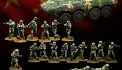 A collection of miniature figures representing China's People's Liberation Army (PLA) is displayed against a backdrop of the Chinese flag. The set includes various contemporary infantry soldiers in camouflage uniforms, special operations troops, and unmanned ground vehicles (UGVs). A prominently featured armored vehicle is also present, alongside soldiers in different poses, some standing with weapons, others in prone positions, and two quadruped UGVs positioned on the ground.