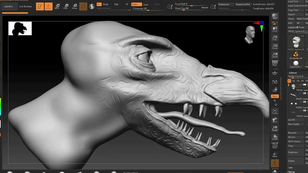 A close-up view of a digital sculpting project in ZBrush, showcasing a stylized dinosaur head. The model is primarily in a gray, untextured state, highlighting the intricate details of the scales and facial features, including a prominent eye and sharp teeth. The interface of ZBrush is visible at the top, displaying various sculpting tools and settings.