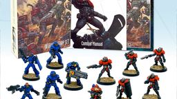 A collection of miniatures and rulebooks for the sci-fi tabletop game Void 2.0 is displayed. In the foreground, there are 12 painted miniatures: four blue Viridian Interdict Marines, one blue Viridian Assault Marine with a heavy machine gun, six red Junkers Convict Legionaries, and one red Junker Legionary with a flamethrower. In the background, three rulebooks are visible, including the "INTRODUCTORY SET," "Combat Manual," and "Squad Tactics," all featuring dynamic artwork.