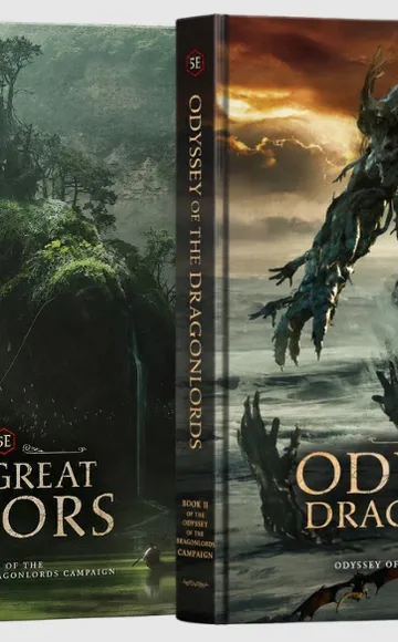 Two book covers: "The Great Labors" and "Odyssey of the Dragonlords" with fantasy art.