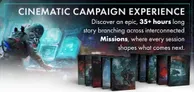 Five boxed game editions labeled "Nemesis: Legacy" with sci-fi horror artwork. Text reads: "PAIGN EXPERIENCE. Discover an epic, 35+ hours long branching across interconnected missions, where every session shapes what comes next."