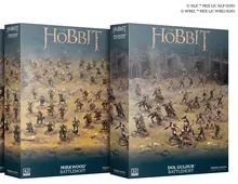 Two boxes labeled "Mirkwood Battlehost" and "Dol Guldur Battlehost" with miniature figures and "The Hobbit" text.