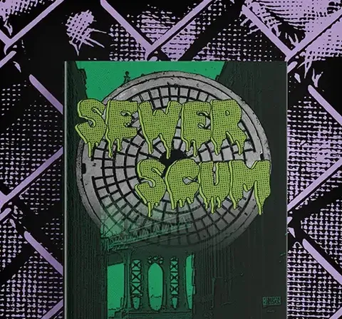Cover art for Sewer Scum supplement: dystopian cityscape with glowing green skyscraper, mutant animal silhouettes on top, neon-lit streets, and a green car. Text reads: "Mork Borg / CY_BORG" and "Dice Cats" with a small cat logo.