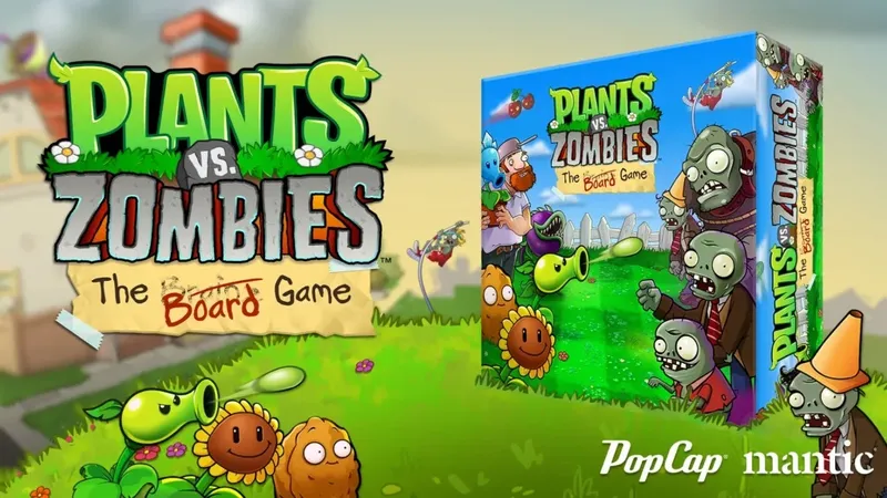 The image features the logo and box art for "Plants vs. Zombies: The Board Game." The logo is prominently displayed in bold green and red letters, with playful plant and zombie illustrations surrounding it. The box art showcases various iconic characters from the franchise, including a Peashooter and a zombie, set against a colorful garden backdrop. The branding includes the names "PopCap" and "Mantic" at the bottom.