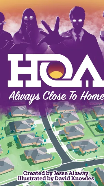 HOA logo with text "Always Close To Home" over a suburban neighborhood map and silhouettes of people.