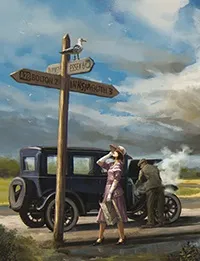 Wooden signpost with directions to Innsmouth, Bolton, and Essex, a seagull perched on top, vintage car, two people.