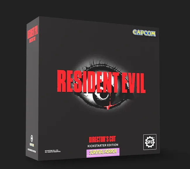 A black box featuring the title "RESIDENT EVIL" in bold red letters, with a stylized eye graphic in the center. Below the title, the text "DIRECTOR'S CUT KICKSTARTER EDITION" is displayed in orange, while "SURVIVAL HORROR" is highlighted in pink. The Capcom logo is positioned at the top right corner, and the Steamforged Games logo is located at the bottom left.