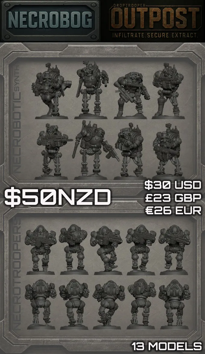 A collection of sci-fi miniatures is displayed, featuring two distinct groups: the CLUTCH units and the Necrotroopers. The top row showcases six detailed CLUTCH infantry models, equipped with various weapons and armor, while the bottom row presents eight Necrotrooper figures, characterized by their bulky, armored designs. The background is a textured gray, and pricing information is prominently displayed in bold text at the bottom.
