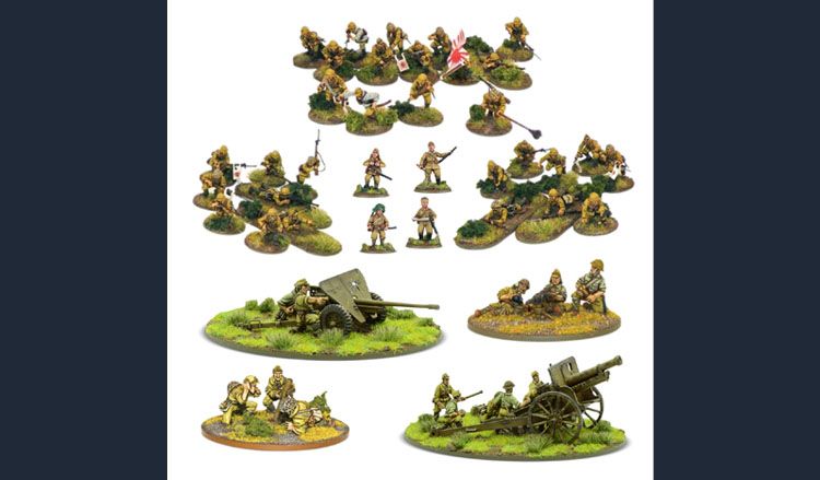 The image showcases a collection of Imperial Japanese miniatures from Warlord Games' new 'Revere the Emperor' bundle. It features 30 multi-pose plastic infantry figures, positioned in various stances, along with a 47mm light anti-tank gun and a Type 91 105mm medium howitzer, each displayed on grassy bases. Additionally, there are teams for a medium machine gun and a heavy mortar, all set against a white background, highlighting the detailed sculpting and painting of the miniatures.