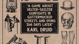 The cover of "Frontier Scum" by Karl Druid. The background is a textured beige. Surrounding the central text are various black-and-white illustrations: a wagon, a lantern, a saddle, a revolver, a stool, a pair of boots, a bowler hat, a skull, a snake, and a cockroach. The central text reads: "FRONTIER SCUM" at the top in large, bold letters. Below, in a black box, it says: "A game about helter-skelter gunfights in guttermucked streets and dying 2d6 days later" and at the bottom of the box, "KARL DRUID".
