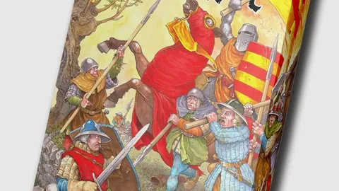 A vibrant box cover for the game "Cry Havoc" features a chaotic medieval battle scene. Various armored figures, including knights and foot soldiers, engage in combat, wielding swords and shields, while a large figure in a red cloak commands attention in the center. The background includes trees and a colorful banner, enhancing the dynamic atmosphere of the artwork.