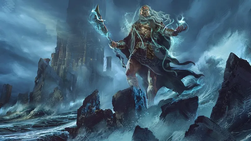 Bearded man in armor with glowing trident and long hair, standing on rocks by water.