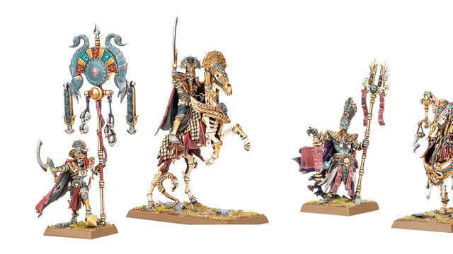 A pair of undead miniatures from the Old World are featured, showcasing a Royal Herald on foot and a mounted Liche Priest. The Royal Herald holds a staff adorned with intricate designs and a scroll, while the Liche Priest, also detailed with vibrant colors and accessories, carries a staff topped with a skull. Both figures are set on textured bases with tufts of grass, emphasizing their ancient and mystical theme.
