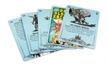 A collection of five encounter cards from Philip Reed’s Deck of Old School Encounters series, featuring a light blue background. Each card displays a unique encounter description, including details about hostile creatures like "3D4 Corpse Thieves" and "3D Undead," along with their reactions and behaviors. The top card prominently features the title "DECK OF OLD SCHOOL ENCOUNTERS," while the illustrations depict various fantasy creatures and scenarios relevant to tabletop RPGs.