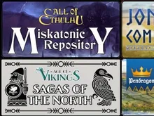 Four box covers: top left shows Call of Cthulhu with "Miskatonic Repository" in ornate gold lettering on dark background. Bottom left displays Age of Vikings with "Sagas of the North" in stylized script, flanked by Norse knotwork and raven illustration.
