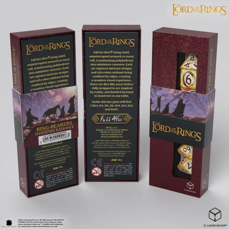 Three Lord of the Rings dice set boxes with visible dice and text.