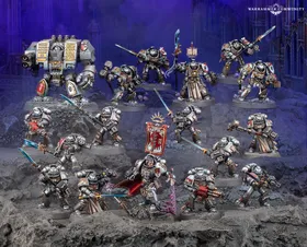 A detailed display of Black Templar miniatures showcases a variety of armored figures in silver and black, set against a dark, rocky backdrop. Prominent in the scene is a Venerable Dreadnought on the left, flanked by a mix of characters including the Emperor’s Champion, Bladeguard Veterans, and Sword Brethren, all wielding swords and other weapons. The figures are intricately painted, with some holding banners and others poised for battle, creating a dynamic and imposing presence.