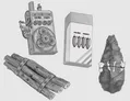 Gears, bundled sticks, a box with "VOLUME CHANNEL" text, and a brain with exposed teeth.