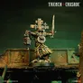 A detailed miniature figure stands prominently, depicting a character from the Trench Crusade game. The figure is adorned in dark, tattered robes with intricate designs, holding a sword in one hand and a large, ornate cross in the other. The base features a gritty, war-torn terrain, with hints of rust and decay, enhancing the grimdark atmosphere of the scene. The background is a muted green, suggesting a desolate battlefield, while the title "TRENCH CRUSADE" is displayed at the top.