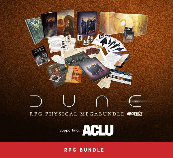 A collection of items from the Dune RPG Physical Megabundle is displayed against a textured brown background. The assortment includes various books, game components, and promotional materials, prominently featuring the Dune logo and the text "Supporting: ACLU." The items are arranged in a visually appealing manner, showcasing the core rulebook, adventure modules, and other game accessories.